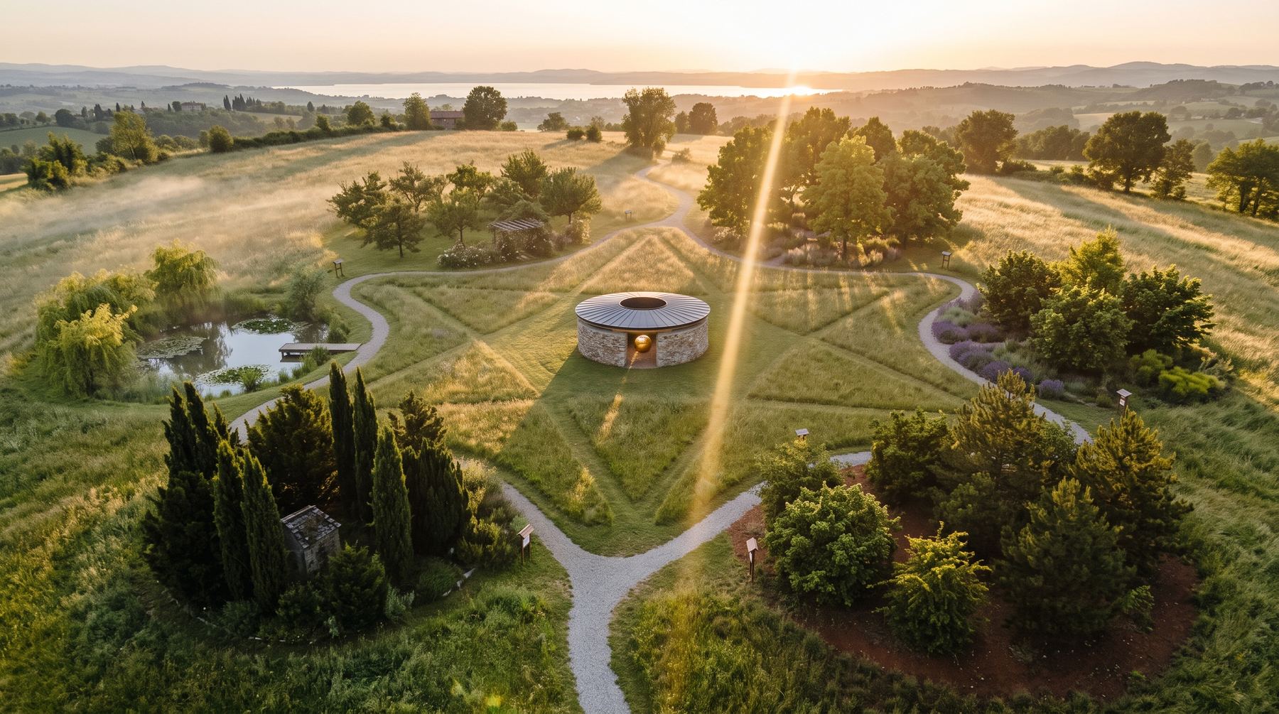 Dawn on the summer solstice — the light runs along the north-east axis to the Solar Hall