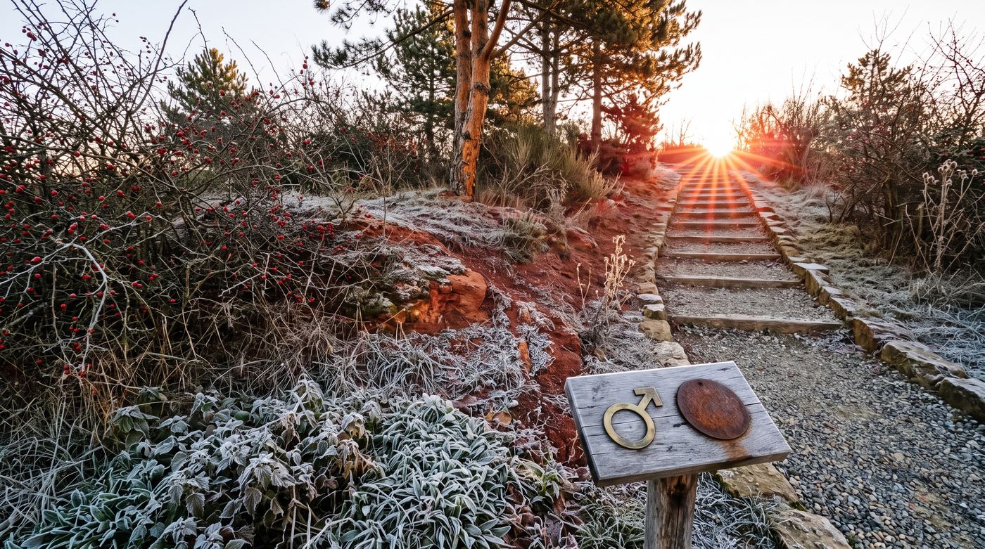 Mars grove — hawthorn and pines at winter solstice dawn