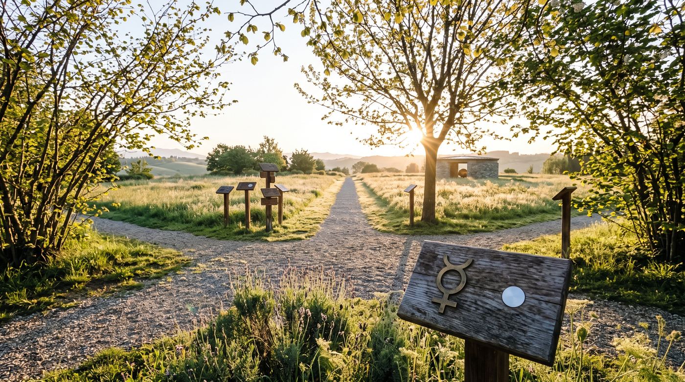 Mercury grove — the crossroads under the hazels at equinox dawn