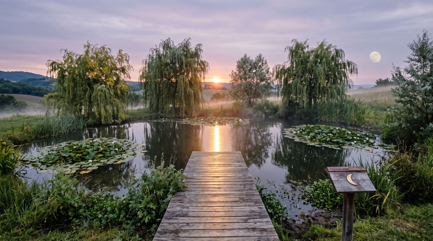 Moon grove — the willow pond at equinox sunset
