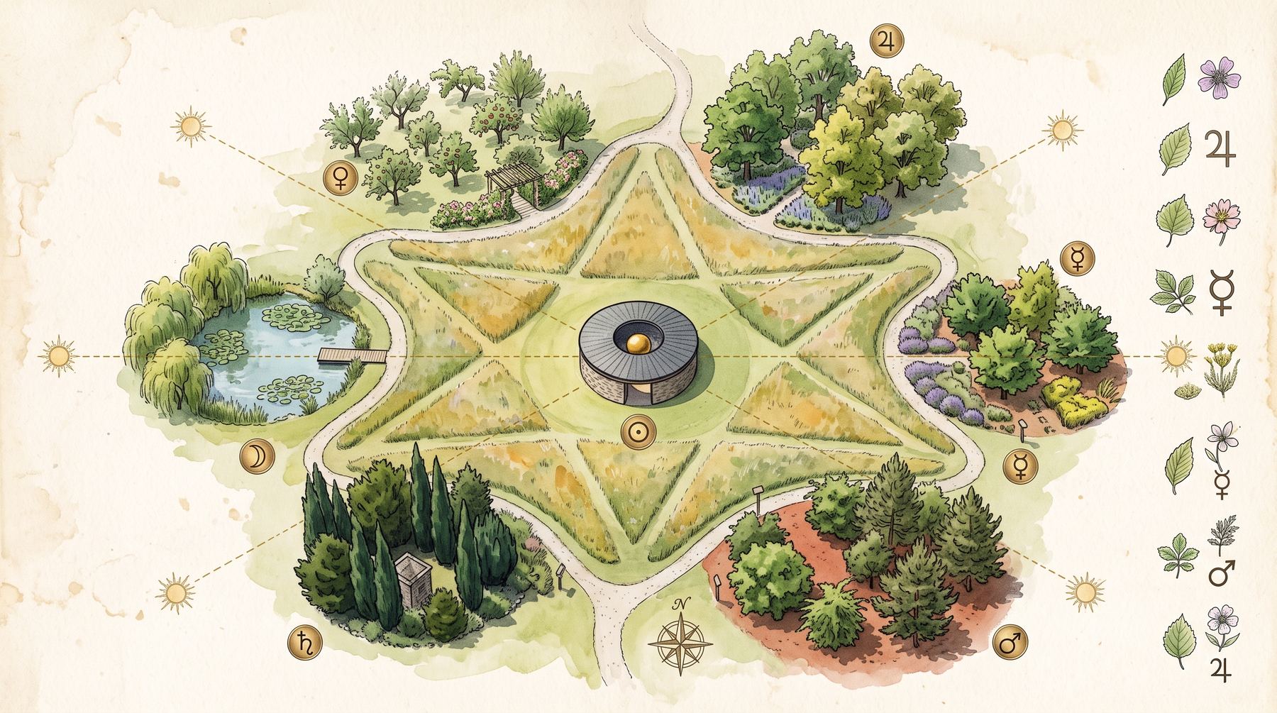 Illustrated plan of the Planetary Garden — seven groves, solar axes, botanical legend