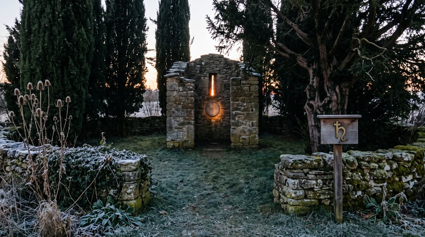 Saturn grove — the stone cell among the cypresses at winter solstice sunset