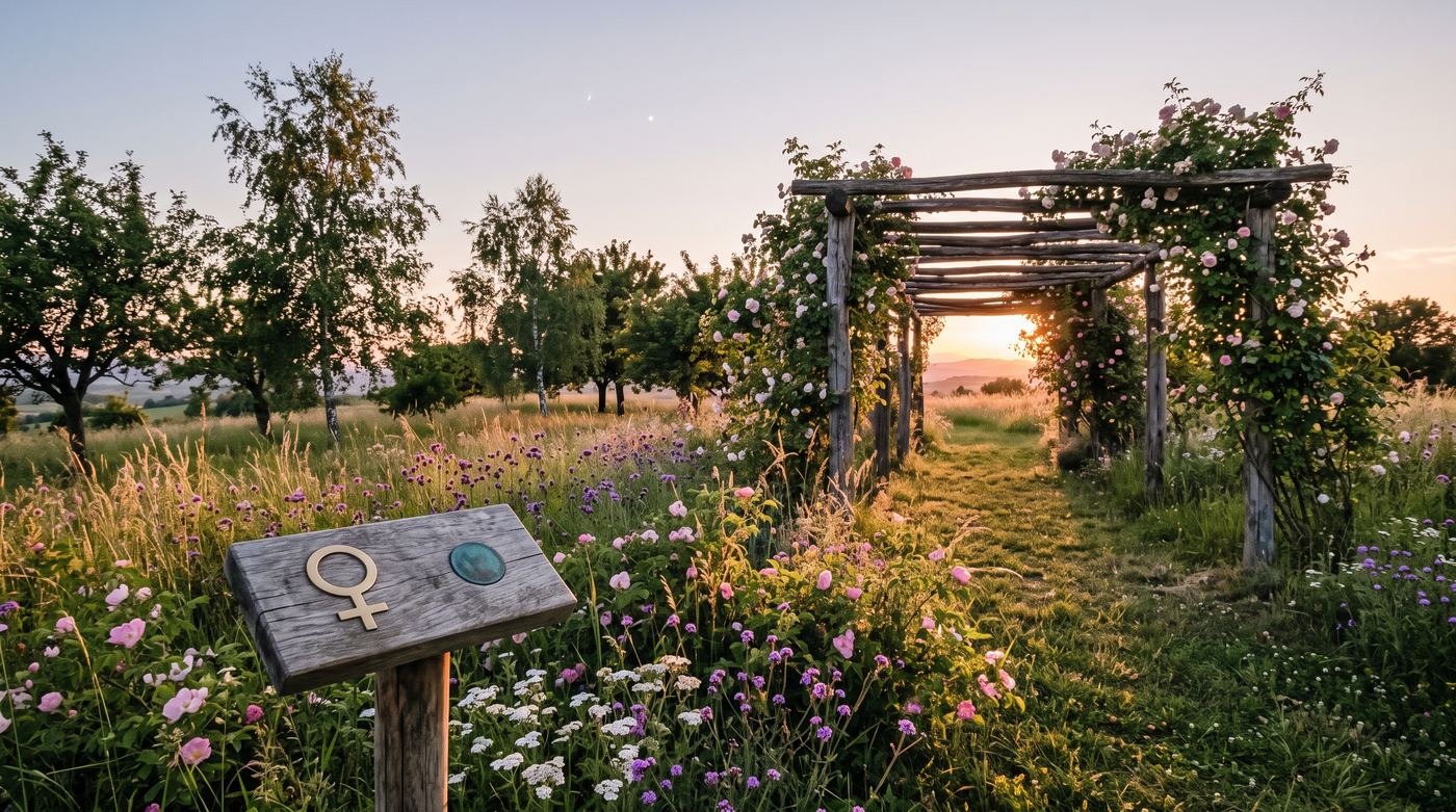 Venus grove — the orchard and the rose pergola at summer solstice sunset