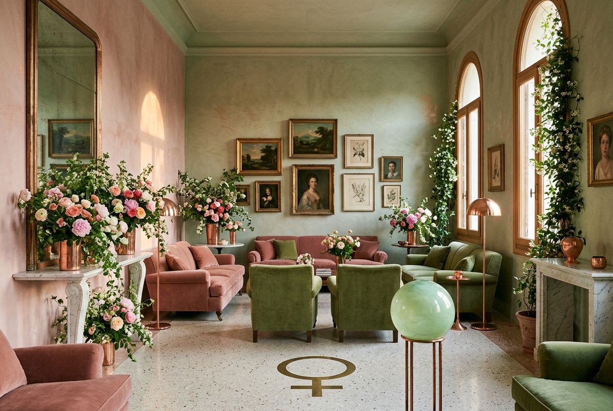 Venus-tuned salon — rose and sage plaster, flowers, copper, green sphere