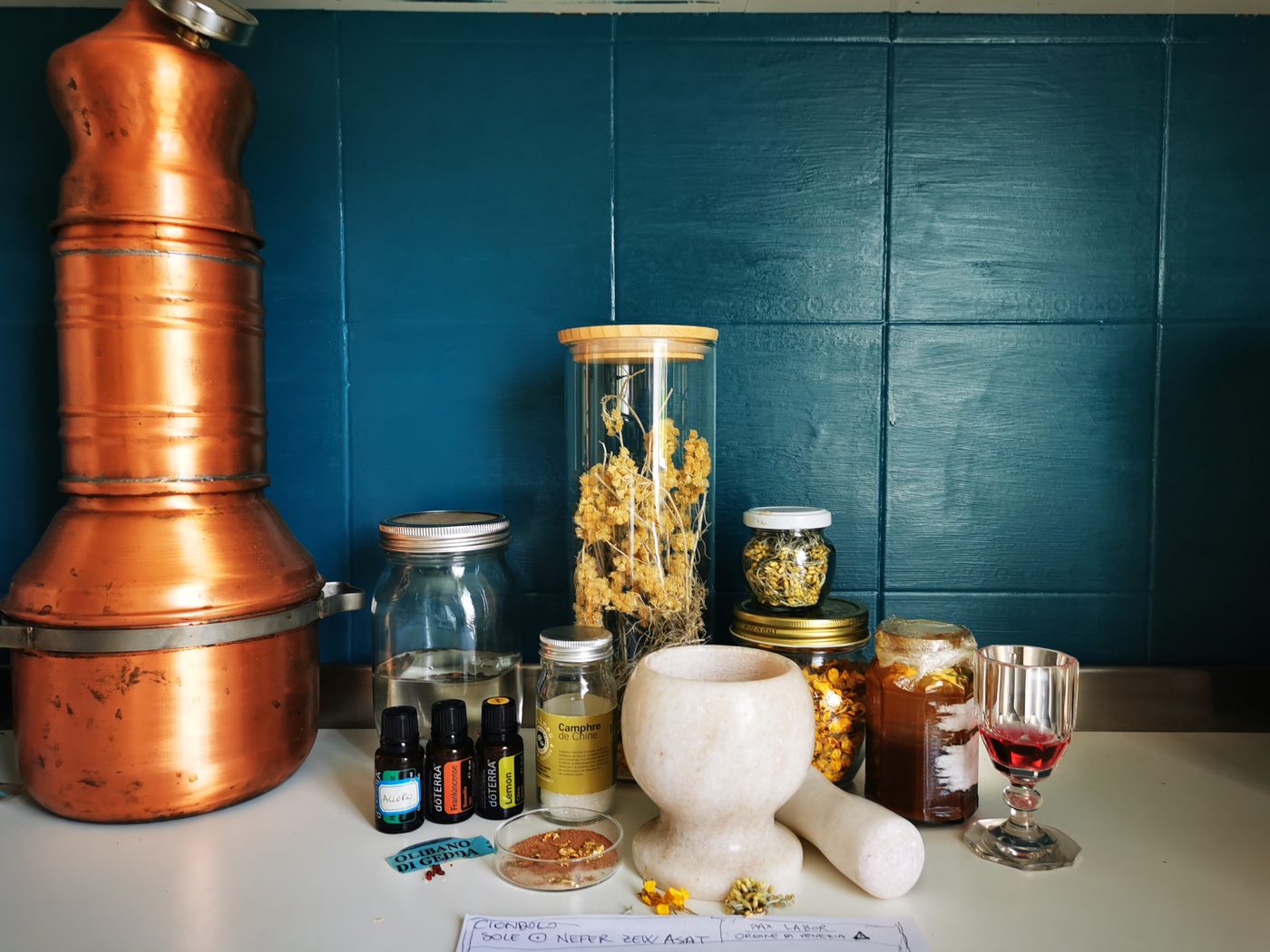 Copper still and mortar, the atelier tools